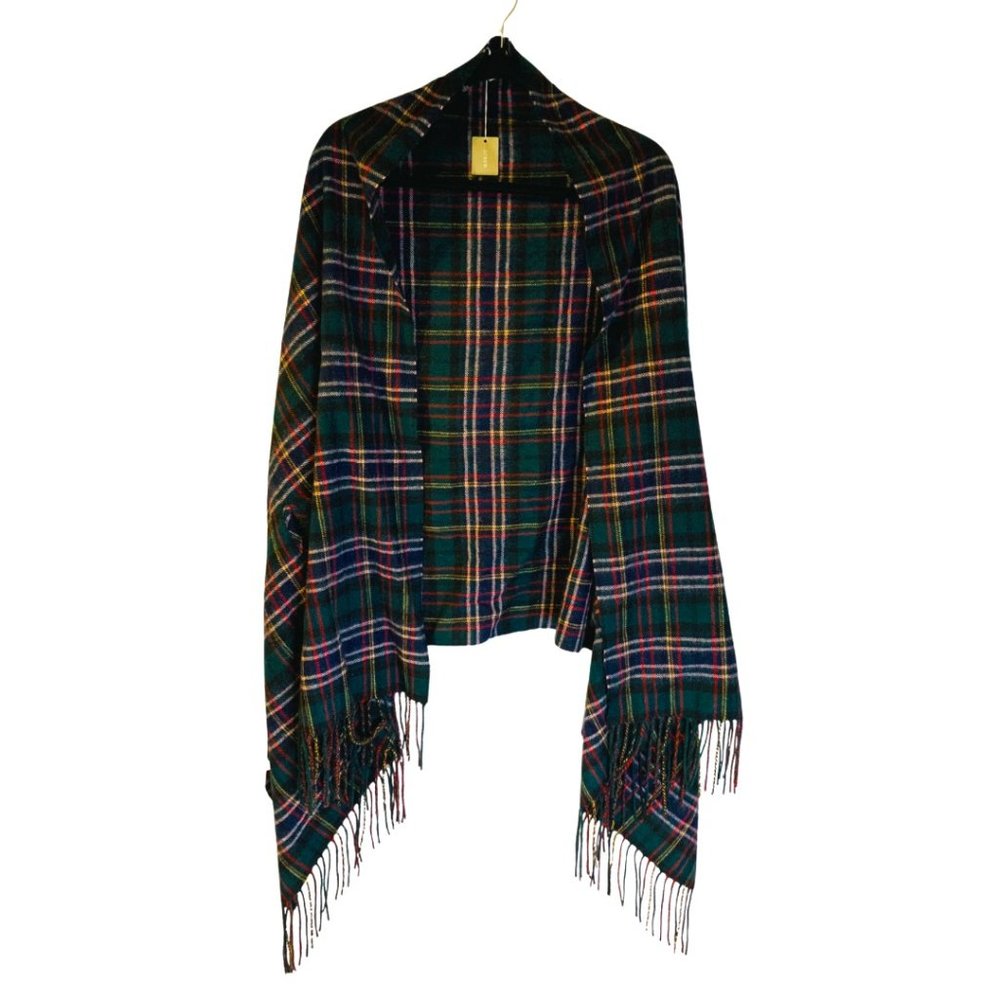 J. Crew Green Plaid Fringe Wrap Scarf with Red, Yellow & Blue Accents NWOT
